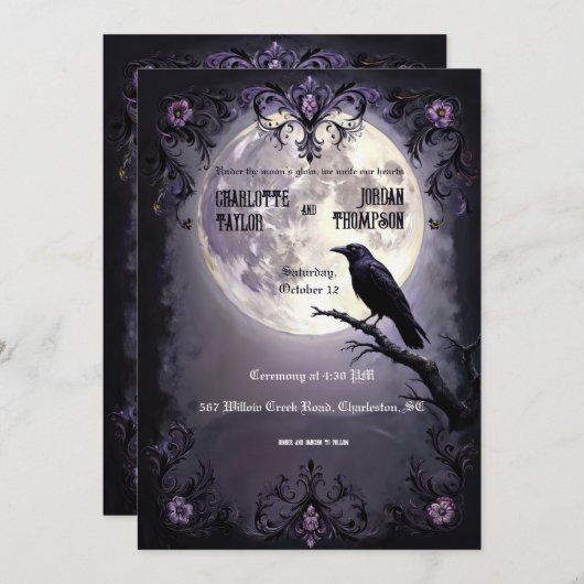 ゴシックムーン&レイヴン結婚式招待状ダークスタイル 招待状 (正面/裏面)