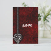 ゴシックレッドダマスクシルバーハートウェディングRSVP 出欠カード (スタンド正面)