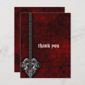 ゴシックレッドダマスクシルバーハート結婚ズサンキューユー サンキューカード (正面/裏面)