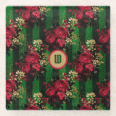 ゴシックレッドバラとストライプイニシャル付き ガラスコースター (正面)