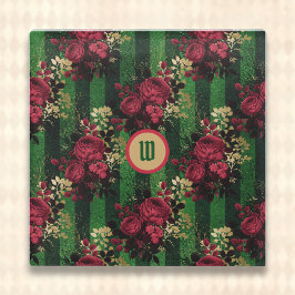 ゴシックレッドバラとストライプイニシャル付き ガラスコースター