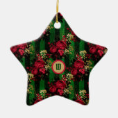 ゴシックレッドバラとストライプイニシャル付き セラミックオーナメント (正面)