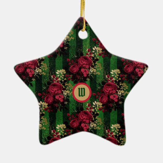 ゴシックレッドバラとストライプイニシャル付き セラミックオーナメント (裏面)