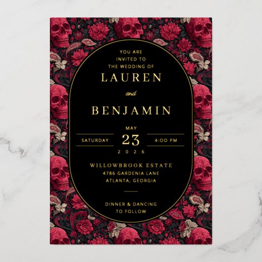 ゴシックレッドフラワースカル 箔招待状 (正面)