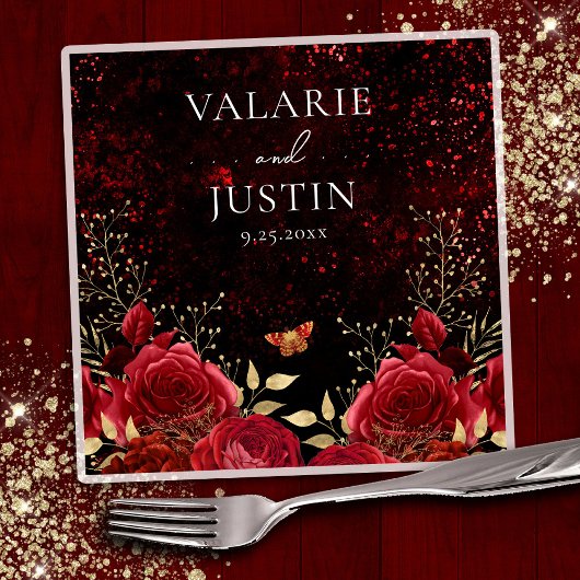 ゴシックレッド金ゴールドブラックフローラ結婚ズナプキン スタンダードカクテルナプキン