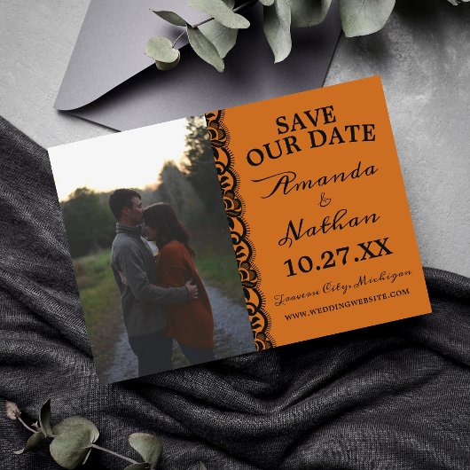 ゴシックレースハロウィーンオレンジブラック結婚ズ セーブザデート