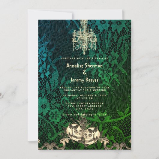 ゴシックレース骨格ハロウィン結婚ズ 招待状 (正面)