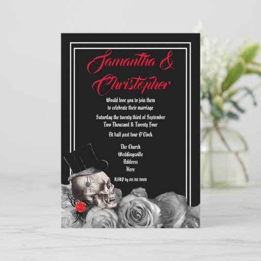 ゴシックロックまたはバイクもしくは自転車に乗る人結婚ブラック 招待状 (スタンド正面)