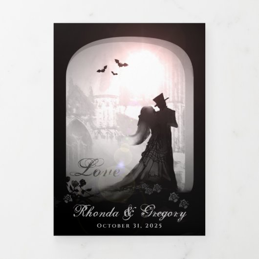 ゴシックロマンスB&W「一緒に」メニューRSVP 三つ折り招待状 (カバー)