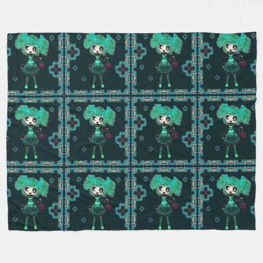 ゴシックロリータの子エメラルドと黒 フリースブランケット (正面(横))