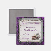 ゴシックローズとブラックダマスク柄の40歳記念Save The Date マグネット (正面/裏面)