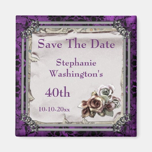ゴシックローズとブラックダマスク柄の40歳記念Save The Date マグネット (正面)