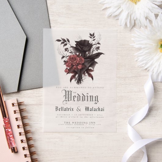 ゴシックローズウッドブラックバラフローラ ベラム紙招待状 (ウェディング)