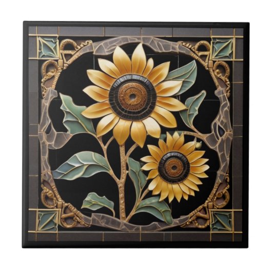 ゴシックヴィンテージイエローサンフラワーオンブラック タイル (正面)