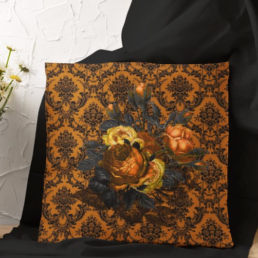 ゴシックヴィンテージオレンジブラックレースフラワーハロウィーン クッション
