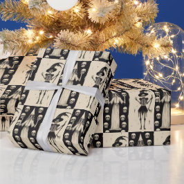 ゴシックヴィンテージスカルと魔女チェッカーボード ラッピングペーパー