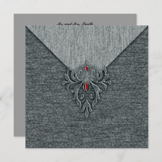 ゴシックヴィンテージダマスクレッドジュエリング 招待状 (正面/裏面)