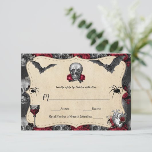 ゴシックヴィンテージハロウィーン結婚式RSVPカード 出欠カード (スタンド正面)