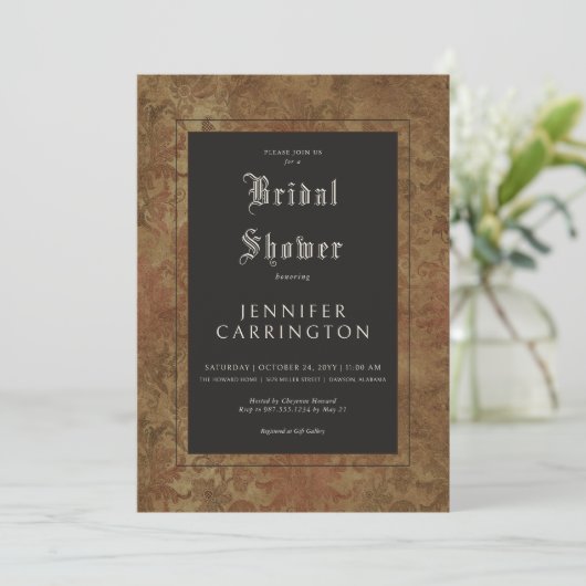 ゴシックヴィンテージブラウンダマスクシルクブライダルシャワー 招待状 (スタンド正面)