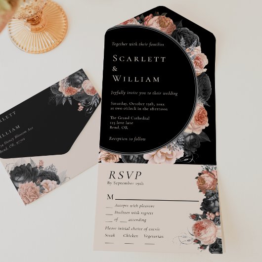 ゴシックヴィンテージブラックメニュー選択RSVP 結婚's オールインワン招待状