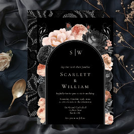 ゴシックヴィンテージブラック赤面アーチモノグラム結婚ズ 招待状