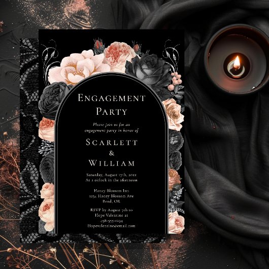 ゴシックヴィンテージブラック赤面アーチ婚約パーティ 招待状