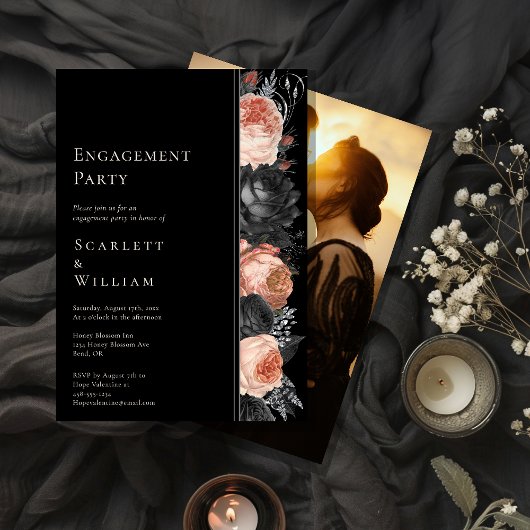 ゴシックヴィンテージブラック赤面フォト婚約パーティ 招待状