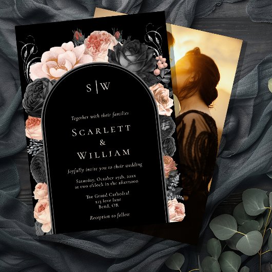 ゴシックヴィンテージブラックArch Monogram Photo 結婚's 招待状