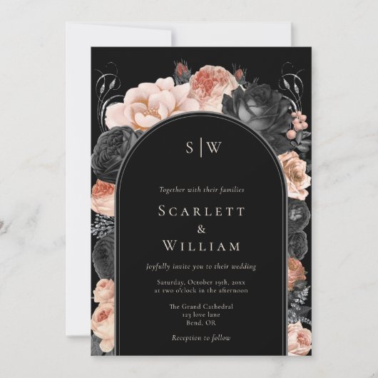 ゴシックヴィンテージブラックArch Monogram Photo 結婚's 招待状 (正面)