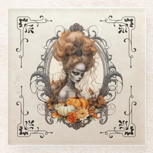 ゴシック不気味なレディーカボチャ ガラスコースター (正面)