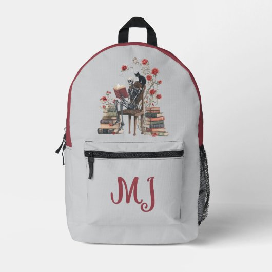 ゴシック人の読骨格学者書籍と黒猫 プリントバックパック (正面)