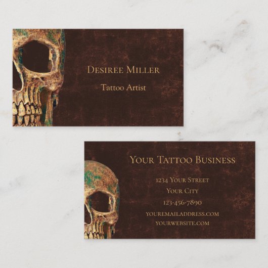 ゴシック体の半分のスカル茶色のテクスチャ背景タトゥー 名刺 (正面/裏面)