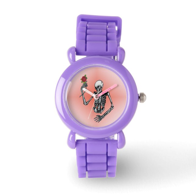 ゴシック体の独身の骨格赤いバラ 腕時計 (正面)