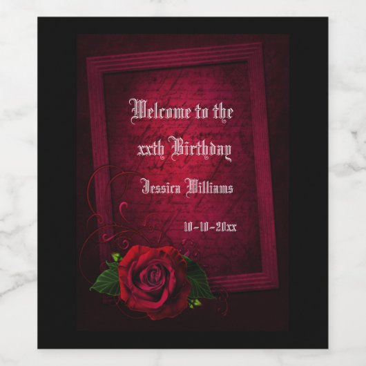 ゴシック体の額縁の文字と赤いバラ ワインラベル (シングルラベル)