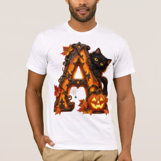 ゴシック体のAハロウィンのカボチャと黒猫 Tシャツ