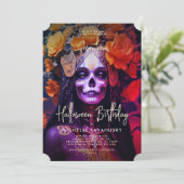 ゴシック体アダルトハロウィーン誕生日オレンジレディスカル 招待状 (スタンド正面)