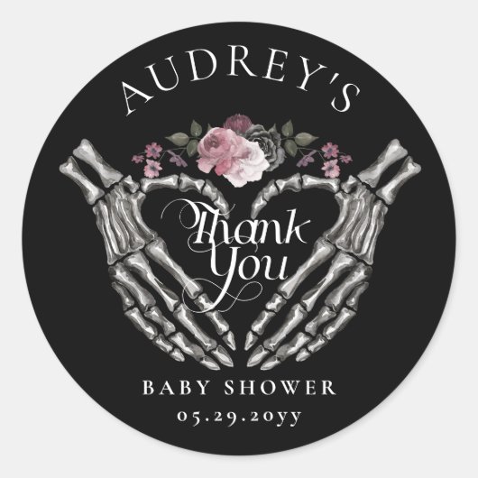 ゴシック体スケルトンハンドハート赤ちゃんシャワーありがとう ラウンドシール (正面)