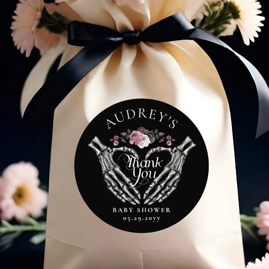 ゴシック体スケルトンハンドハート赤ちゃんシャワーありがとう ラウンドシール