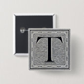 ゴシック体"T"の木版画のWoodblockのイニシャル 缶バッジ (正面&裏面)