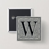 ゴシック体"W"の木版画のWoodblockのイニシャル 缶バッジ (正面&裏面)