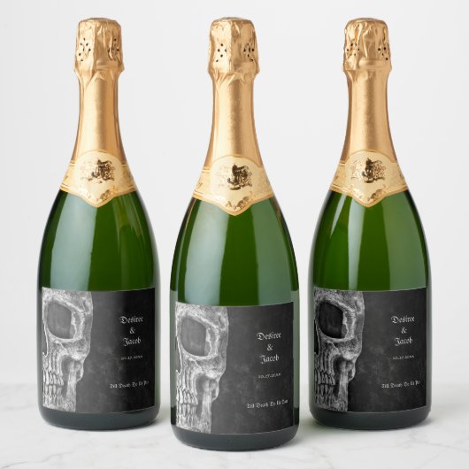 ゴシック半スカルカッコいい白黒グランジ スパークリングワインラベル (ボトル)