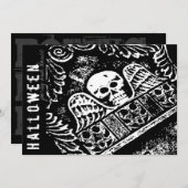 ゴシック型の墓石スカル及び翼ハローウィンパーティ 招待状 (正面/裏面)