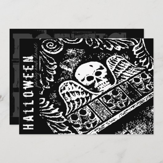 ゴシック型の墓石スカル及び翼ハローウィンパーティ 招待状 (正面/裏面)