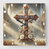 ゴシック大聖堂華美十字架 スクエア壁時計 (正面)