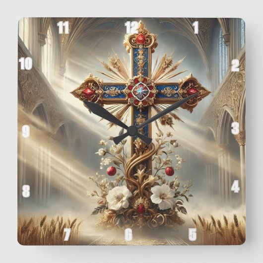 ゴシック大聖堂華美十字架 スクエア壁時計 (正面)