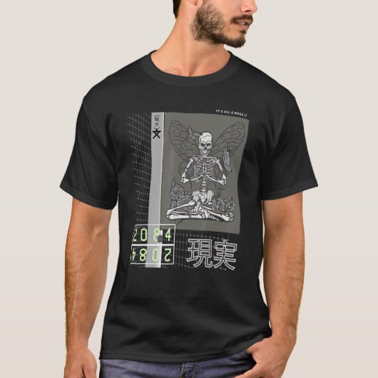 ゴシック日本のスケルトン瞑想サイバパンク通り Tシャツ (正面)