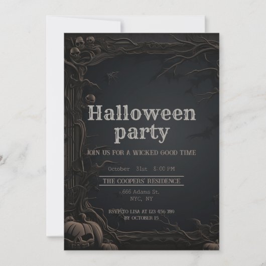 ゴシック暗黒彫刻の木とカボチャハローウィンパーティ 招待状 (正面)