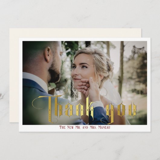 ゴシック書道モノグラムエレガントな結婚式写真 サンキューカード (正面/裏面)