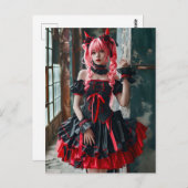 ゴシック様式のかわいいメイドと赤い三つ組 ポストカード (正面/裏面)