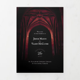 ゴシック様式のアーチエレガントなウェディングダークブラックレッド 三つ折りプログラム